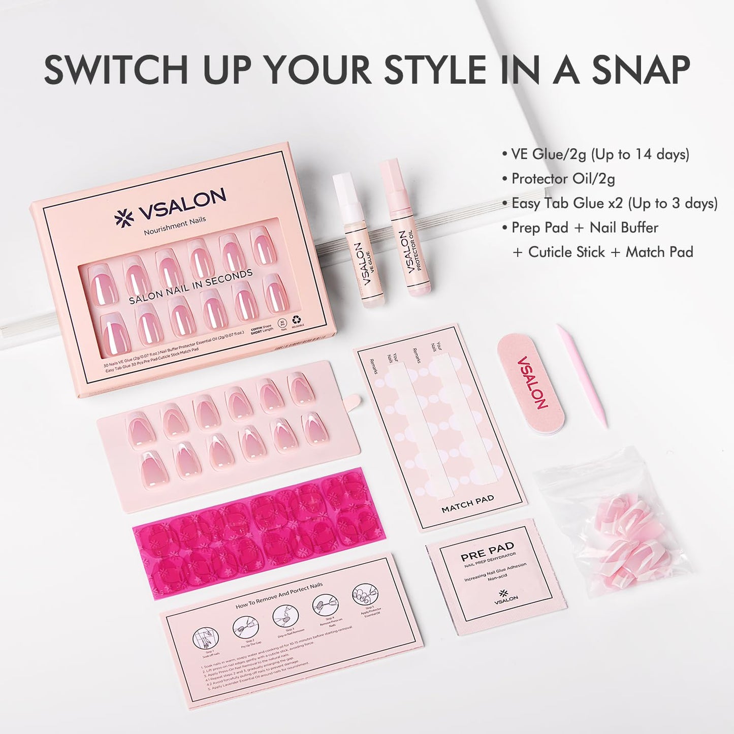 VSALON Press on Nails Short Coffin - Pink French Tips Glazed Chrome Fake Nails Kit, Long-Lasting & Reusable Opaque Soft Gel Spring Nails with Glue & Cuticle Oil