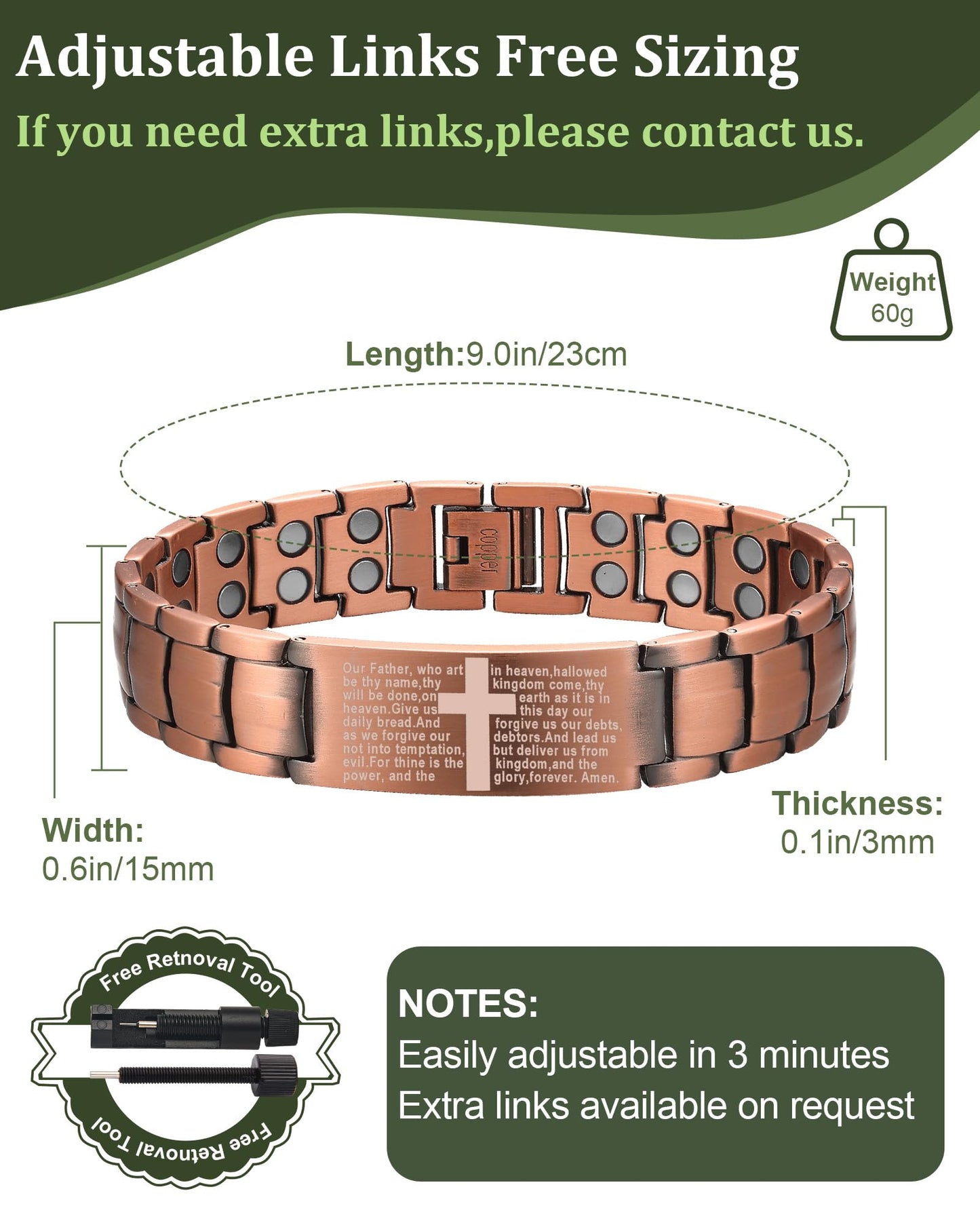 Fashtour Copper Cross Bracelet for Men - Ultra Strength Magnetic Mens Cross Jewelry Set - Adjustable Magnetic Bracelet with Sizing Tool Jewelry Box (Copper587AC)