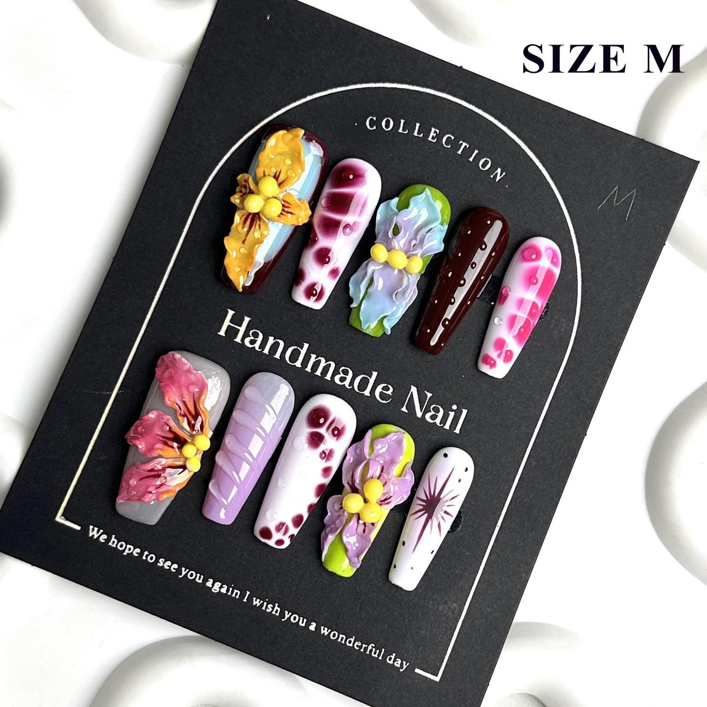 LIFOOST Handmade Press On Nails Long Multicolor 3D Carving Flowers Design 10pcs Hand painted Smudging Glue On Acrylic Fake Nails