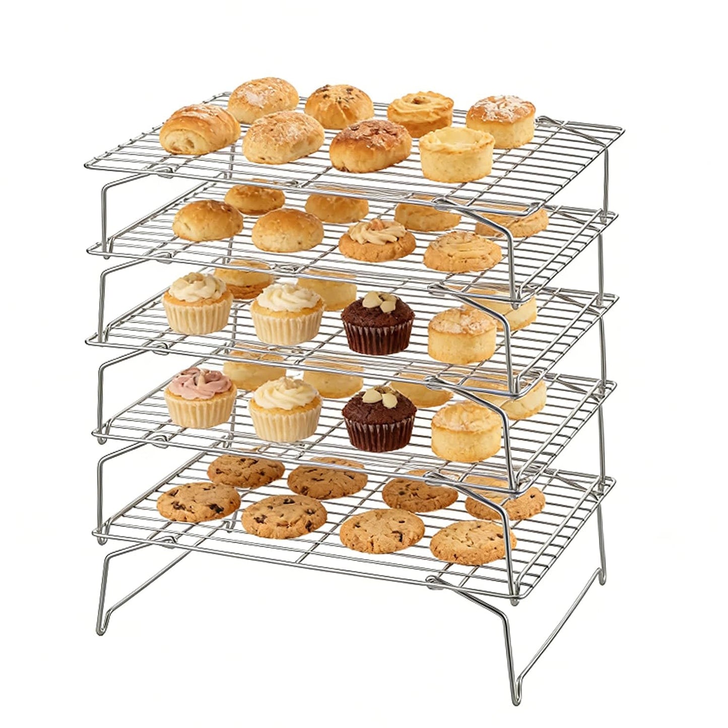 Herogo 5-Tier 15" x 10" Cooling Rack, Stainless Steel Baking Rack for Cookies, Cupcakes, and Pastries, Collapsible Space-Saving Design, Dishwasher Safe, Ideal for Baking, Roasting, and Drying