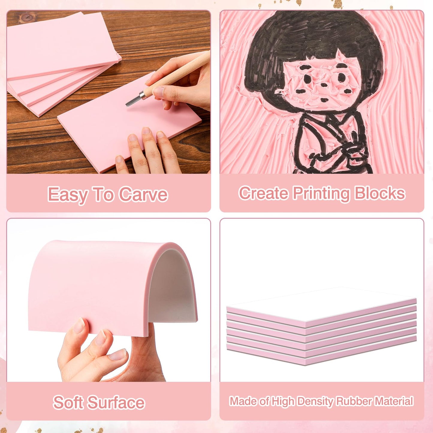 Frienda 30 Pack 4"x6" Rubber Stamp Carving Blocks Bulk Rubber Carving Linoleum Blocks for Printmaking Printing DIY Craft Project Supplies Soft Stamp for Beginners and Professional (White Pink)