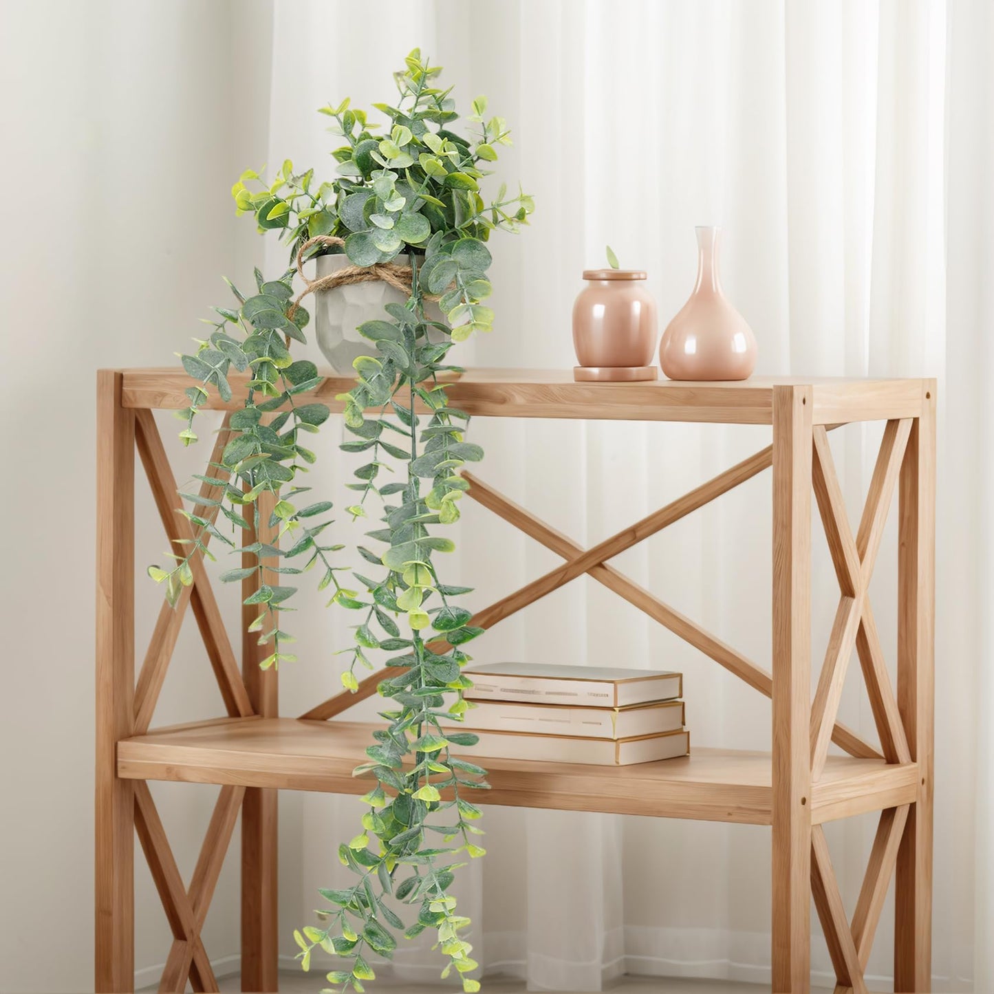 HOFMEFY Artificial Hanging Faux Eucalyptus Plants in Small Gray Geometry Cement Pots with Lanyard for Greenery Wall Shelve Decor (2PCS,Green)