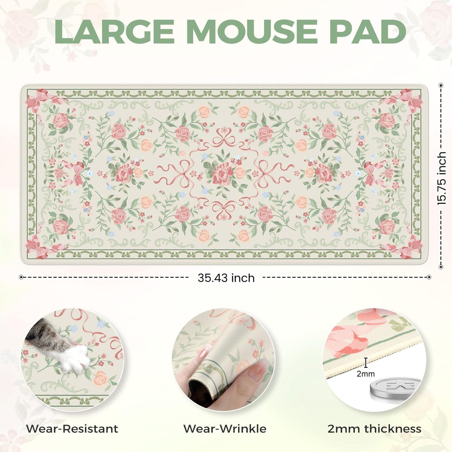 iCasso Green Desk Mat,Cute Desk Pad for Keyboard and Mouse,Anti-Slip Large Gaming Computer Mat XXL,Soft Lycra Surface Laptop Pad Women,Aesthetic Girly Desk Cover Protector for Home Office