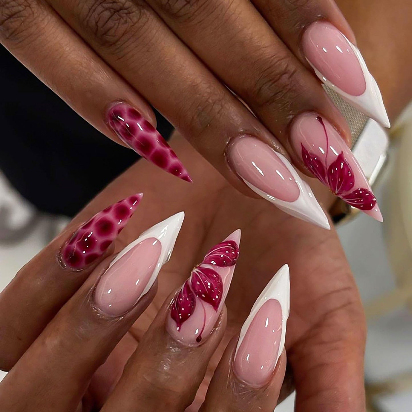 RUOKEXIN Long Stiletto Press on Nails French Tip Fake Nails Flower False Nails with 3D Designs Spring Summer Nail Press ons Sparkly Artificial Nails for Women 24Pcs