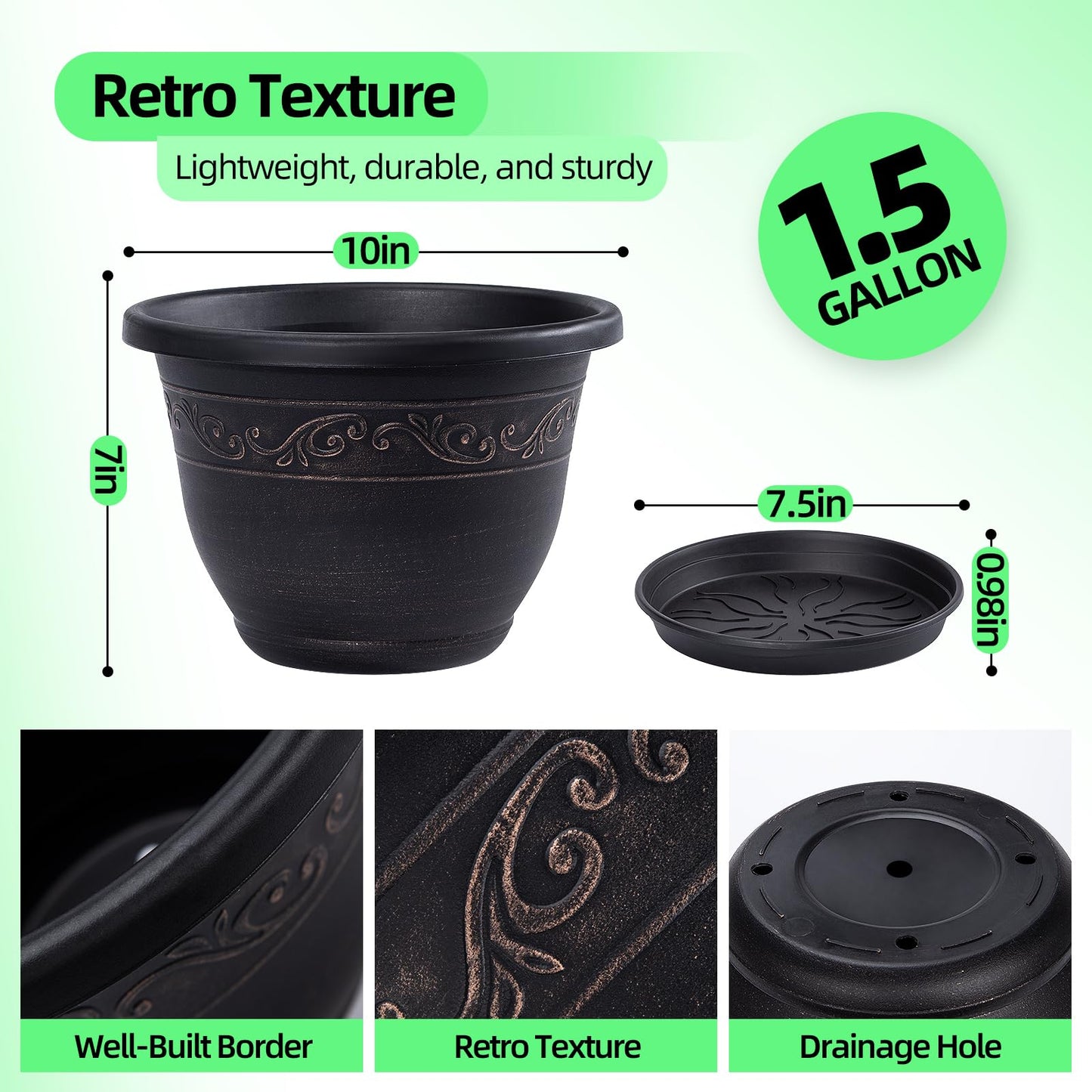 QCQHDU 10 inch Retro Plant Pots, 3 Pack Plastic Planters for Indoor & Outdoor Plants Flower Pot with Drainage Hole and Saucer