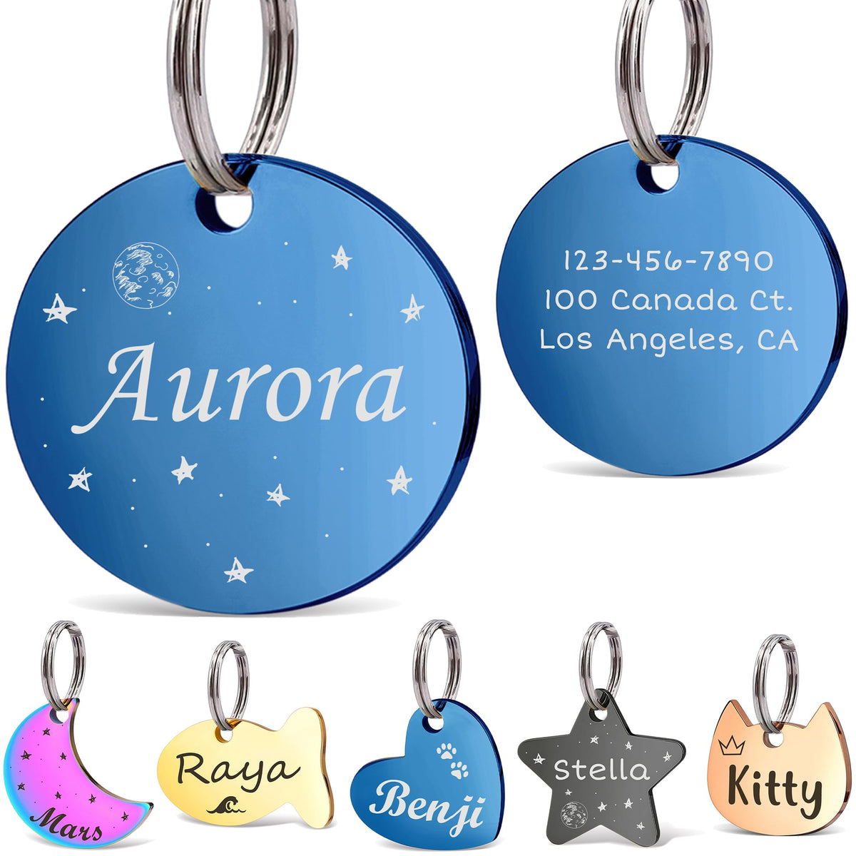 Anavia Small Size Dog Cat ID Tags, Small/XS Personalized Color Plated Stainless Steel Puppy Kitten Name Tags, Customized Engraved Nameplate Pet Collar Tag (Blue, Star)