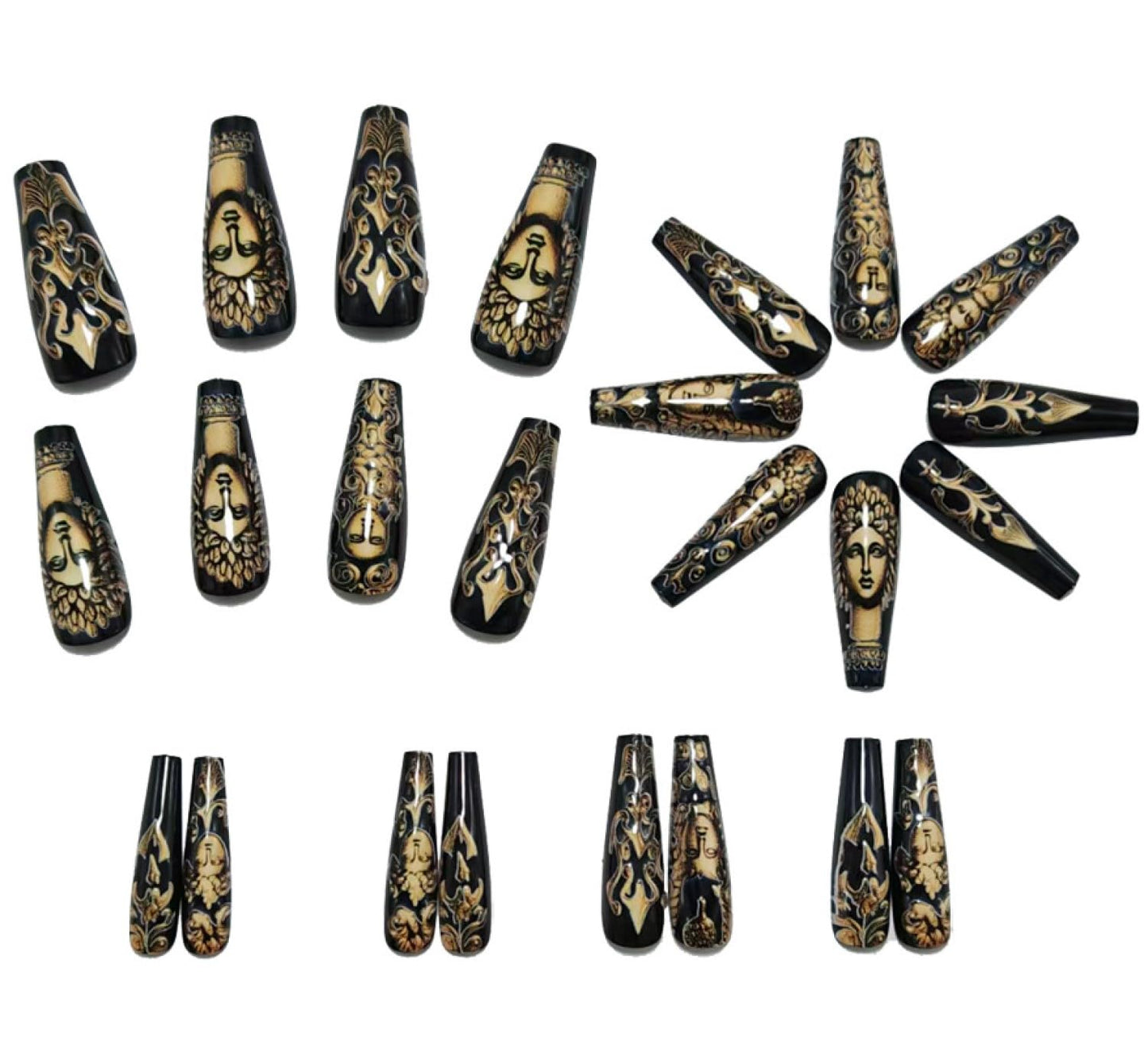 Chunmeng 24PCS Acrylic False Nails, Medium Length With Retro God & Armor Pattern, Glossy Press on Nails Set for Women's Nail Art Decoration Lasting Shine False