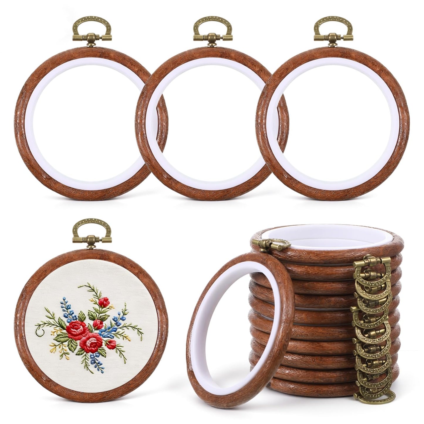 AOZUO 15 Pcs 4 Inch Embroidery Hoops Set, Round Imitated Wood Cross Stitch Hoop Rings Circle Display Frame Kits for Art Craft Sewing Embroidery Handy DIY Ornaments Christmas Decoration