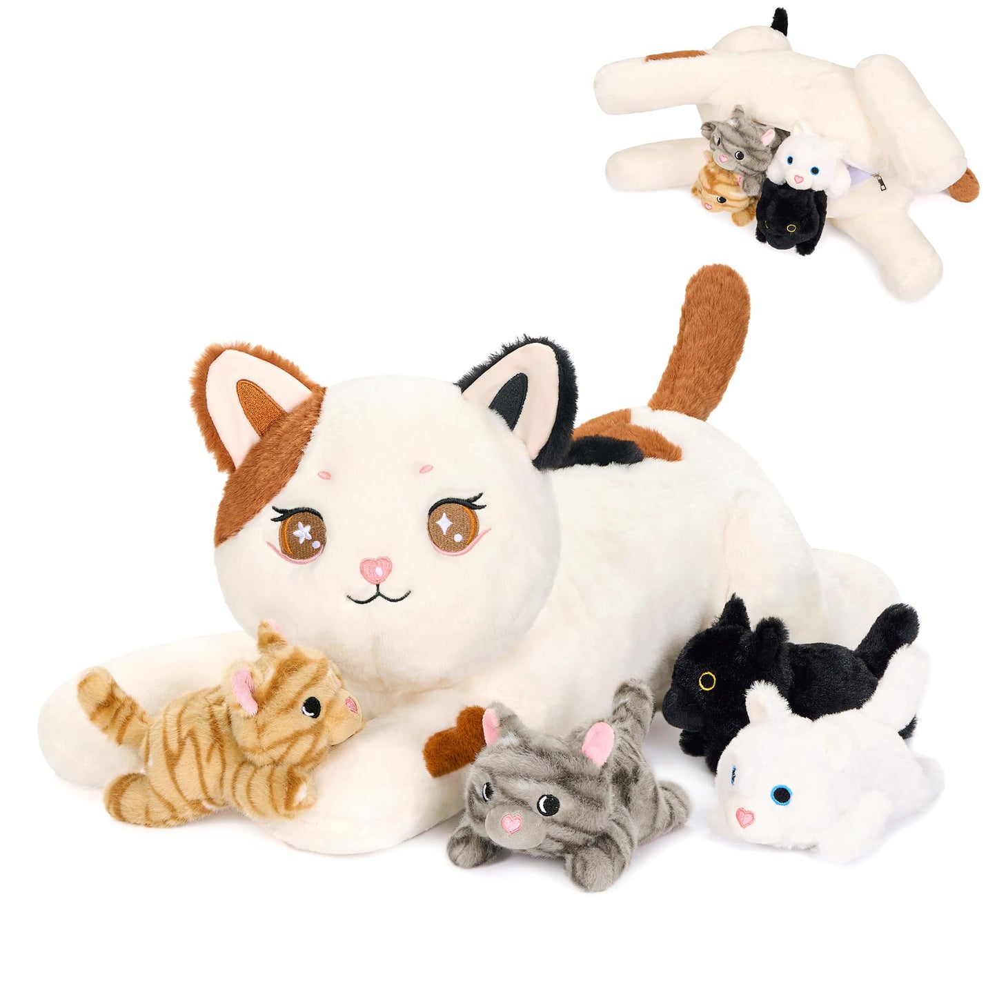 Onsoyours Original 5PC Cat Stuffed Animals with Babies Inside, Kawaii Kiity Plush with Mommy & 4 Kittens - Cute Plushies Toys for Girls Kids (White)