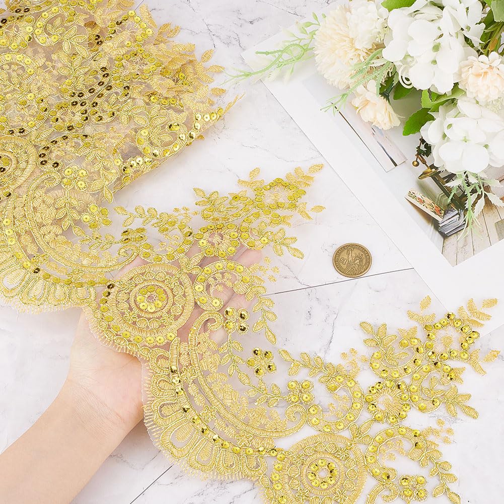 GORGECRAFT 3 Yards 9 Inches Width Sequin Flower Embroidery Lace Ribbon Metaillic Venice Edging Trimming Applique Sewing Lace Trim Floral Lace Crown Edge for Fabric Embroidered Wedding Bridal(Golden)