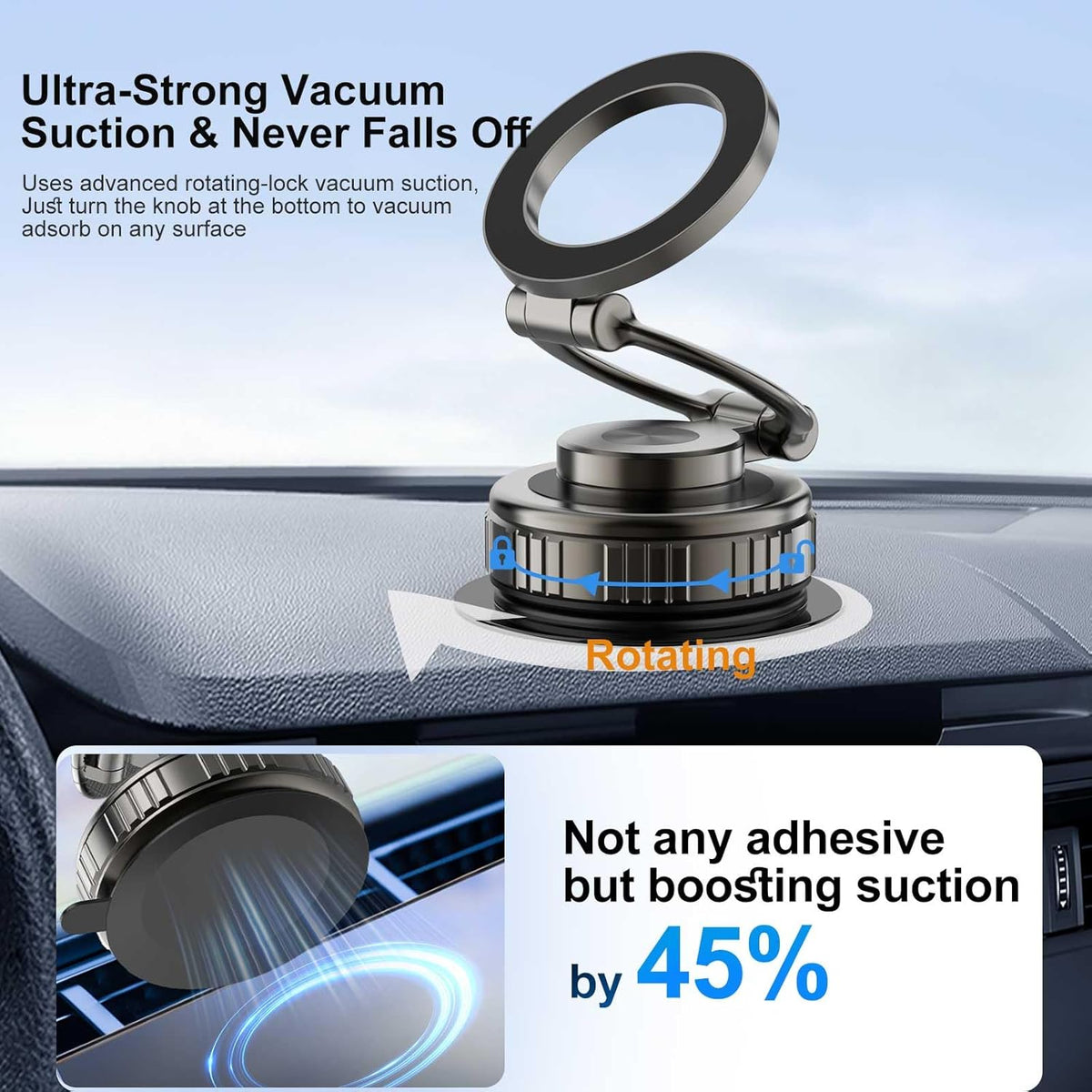 Kairiyard Vacuum Magnetic Phone Holders for Your Car, 360° Adjustable Ultra Magnet Suction Car Phone Holder Mount Foldable Cars Phone Stand Compatible with MagSafe iPhone All Smartphones