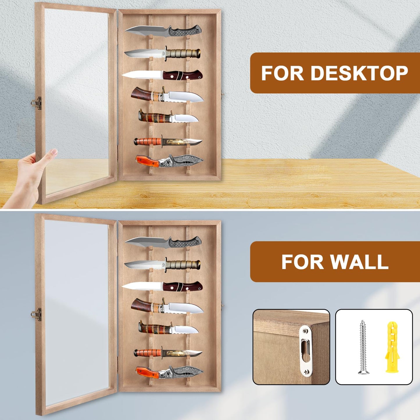 Triceratops Knife Display Case with Lockable Clear Acrylic Door, Wall Mount Wooden Knife Display Stand, Pocket Knife Display Cases for Storage, Collection, Holds up to 7 Knifes(Brown)
