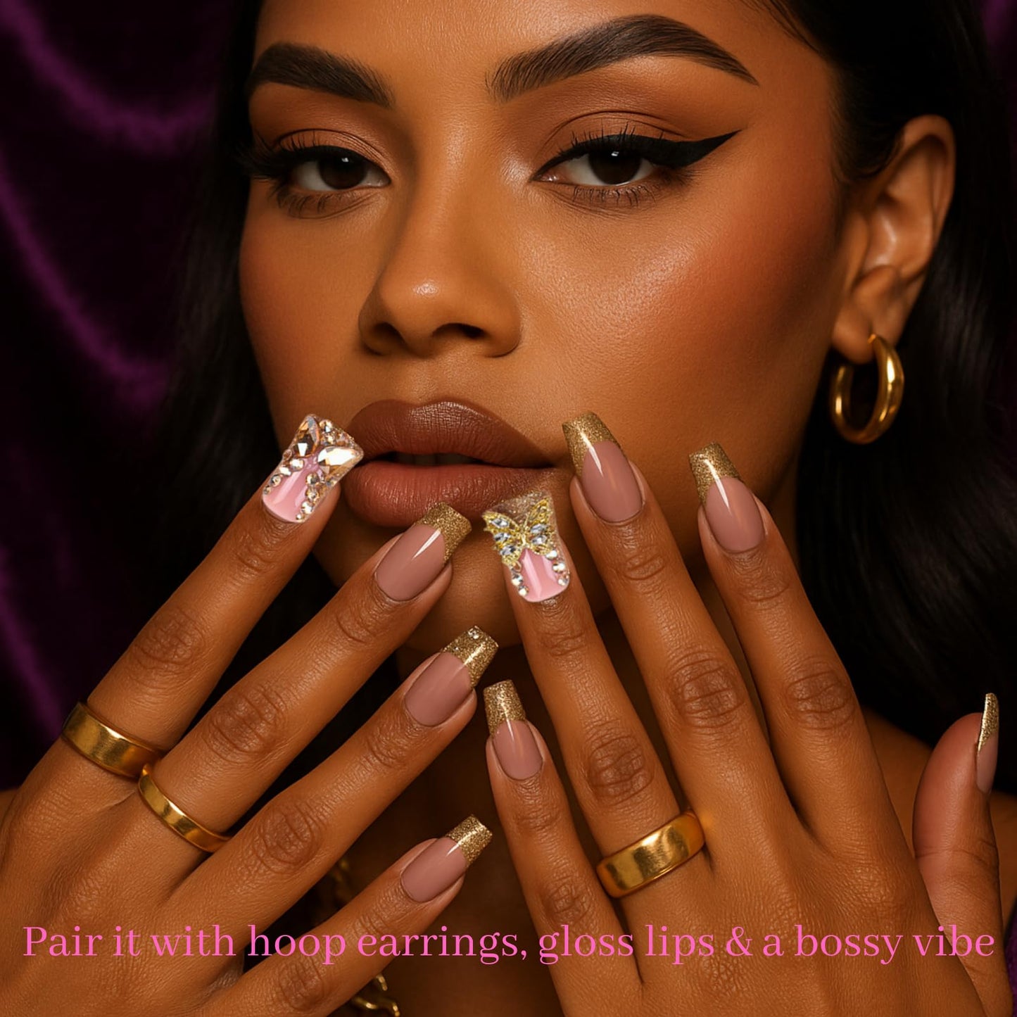 French Tip Junk Press on Nails Short Duck Square Fake Nails with Butterfly Charms Designs False Baddie Nails Cute Rhinestones Stick on Nails for Women 24Pcs (Designs, gold buterfly)