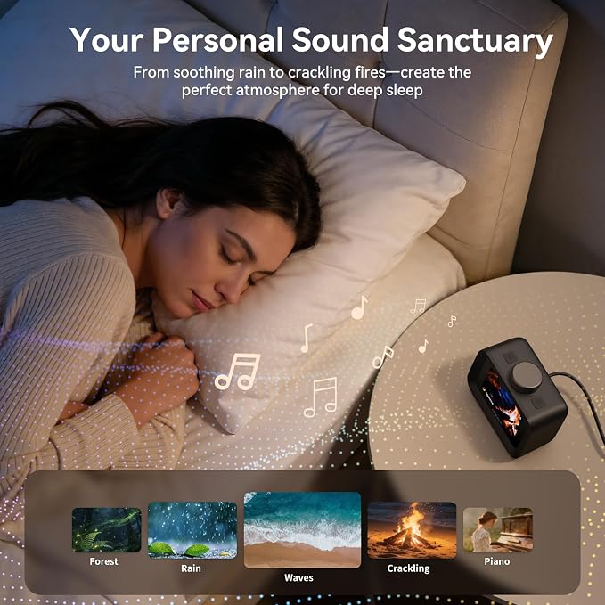 Dekala AuraDot 7-Day Programmable Alarm Clock for Bedroom, 4 Independent Max 98db Loud Alarm for Heavy Sleepers, Temperature Humidity Monitor, 30 Non-Loop Soothing White Noise Sound Machine, Black