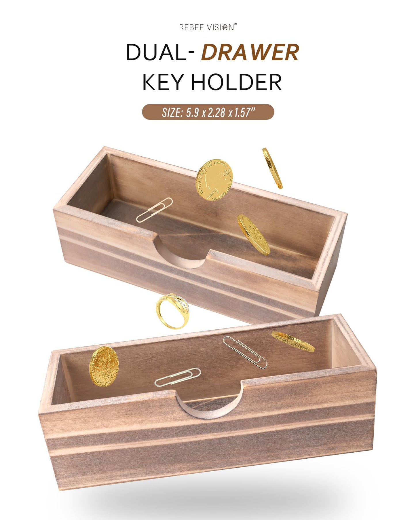 Rebee Vision Farmhouse Key Holder Wall Mount with 2 Drawer Organizer – Key and Mail Holder for Wall with 6 Key Hooks & Shelf – Home Essentials for Home Decor (Natural Wood)