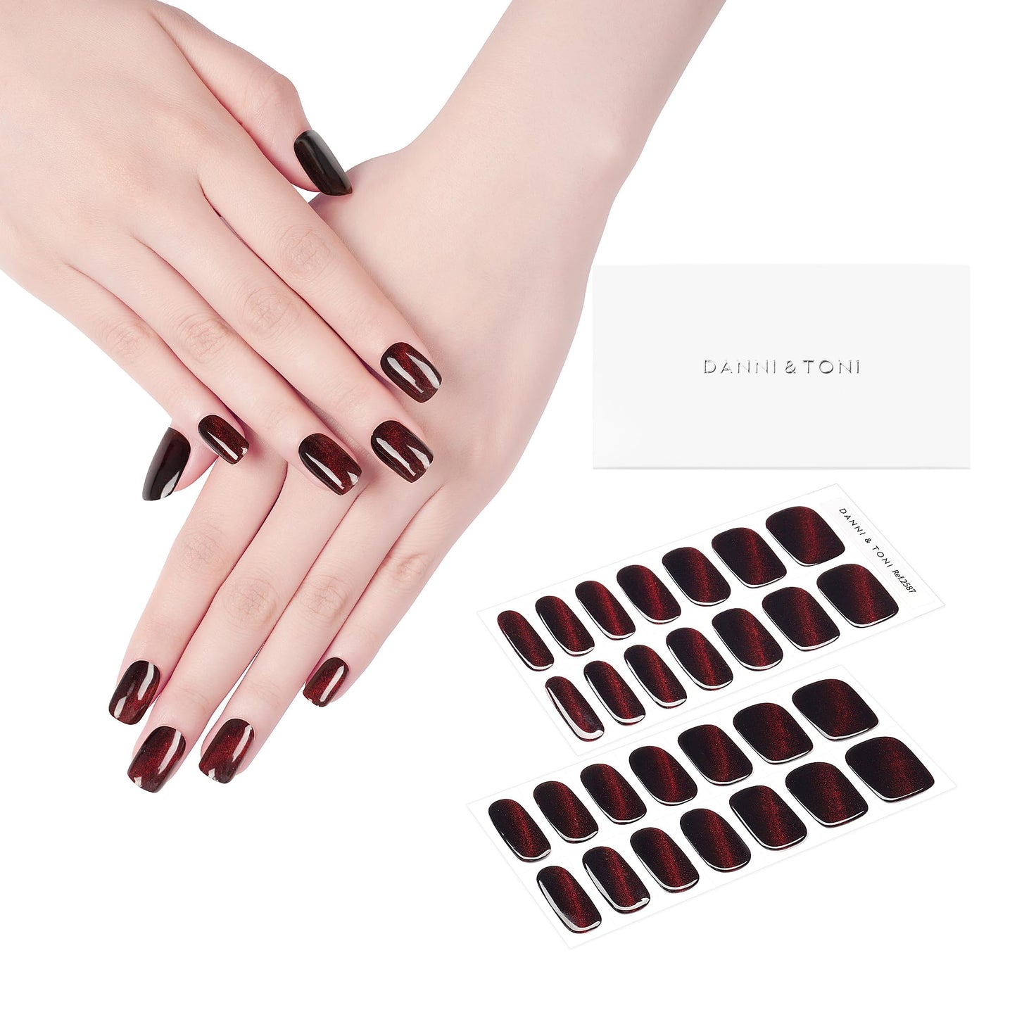 DANNI & TONI Semi Cured Gel Nail Strips Dark Red (Bonfire Night) Cat Eye Magnetic Gel Nail Wraps 28 Stickers