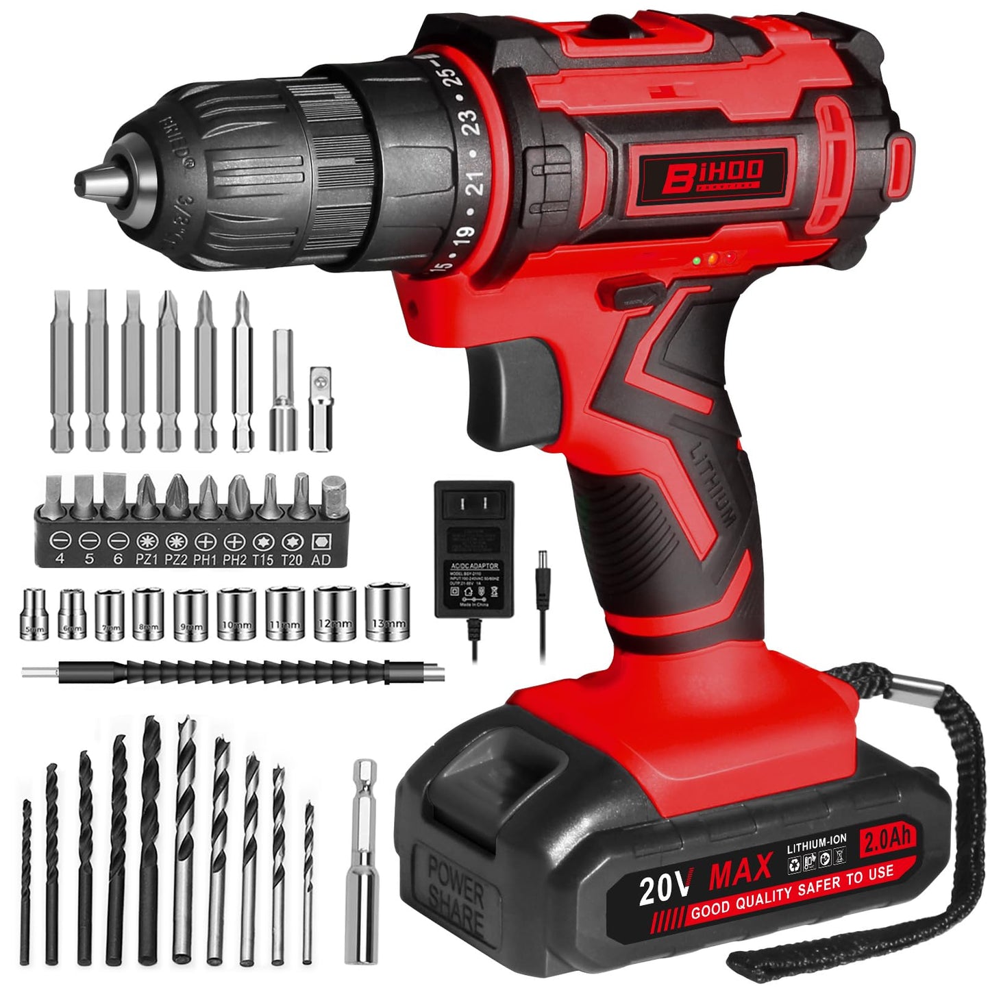 BIHOO Cordless Drill Set,20V Drill Driver with Battery and Charger,3/8-Inch Keyless Chuck, Variable Speed,with Drills Bits Set,Red