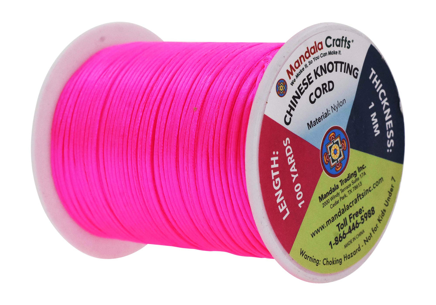 Mandala Crafts Nylon Satin Rattail Cord - 1mm Hot Pink String, 100 Yds, for Jewelry Making, Macrame Trim