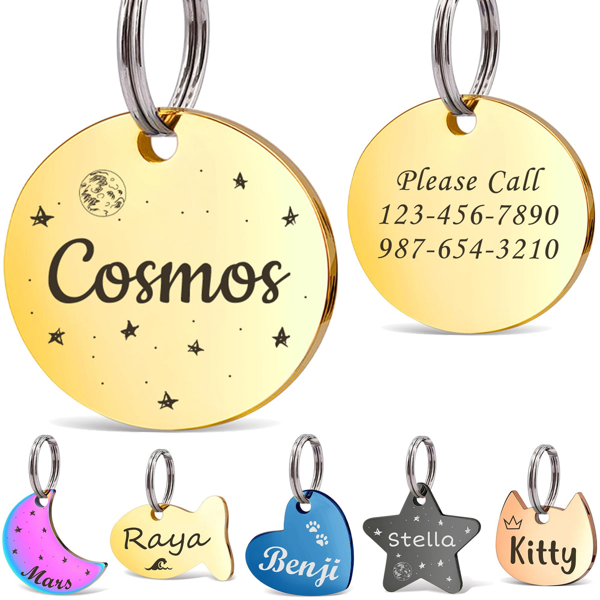 Anavia Small Size Dog Cat ID Tags, Small/XS Personalized Color Plated Stainless Steel Puppy Kitten Name Tags, Customized Engraved Nameplate Pet Collar Tag (Blue, Star)