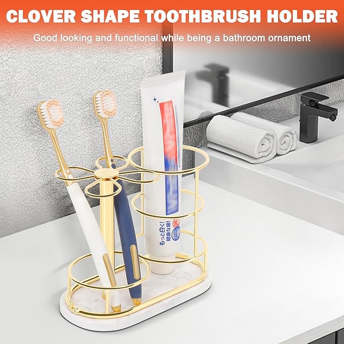 HarJue Toothbrush Holder Stand for Bathroom, Metal Toothbrush Organizer with Marble Base, Toothbrush Storage Collection for Family, Suitable for Home Hotel Countertop Vanity (Medium, Gold)
