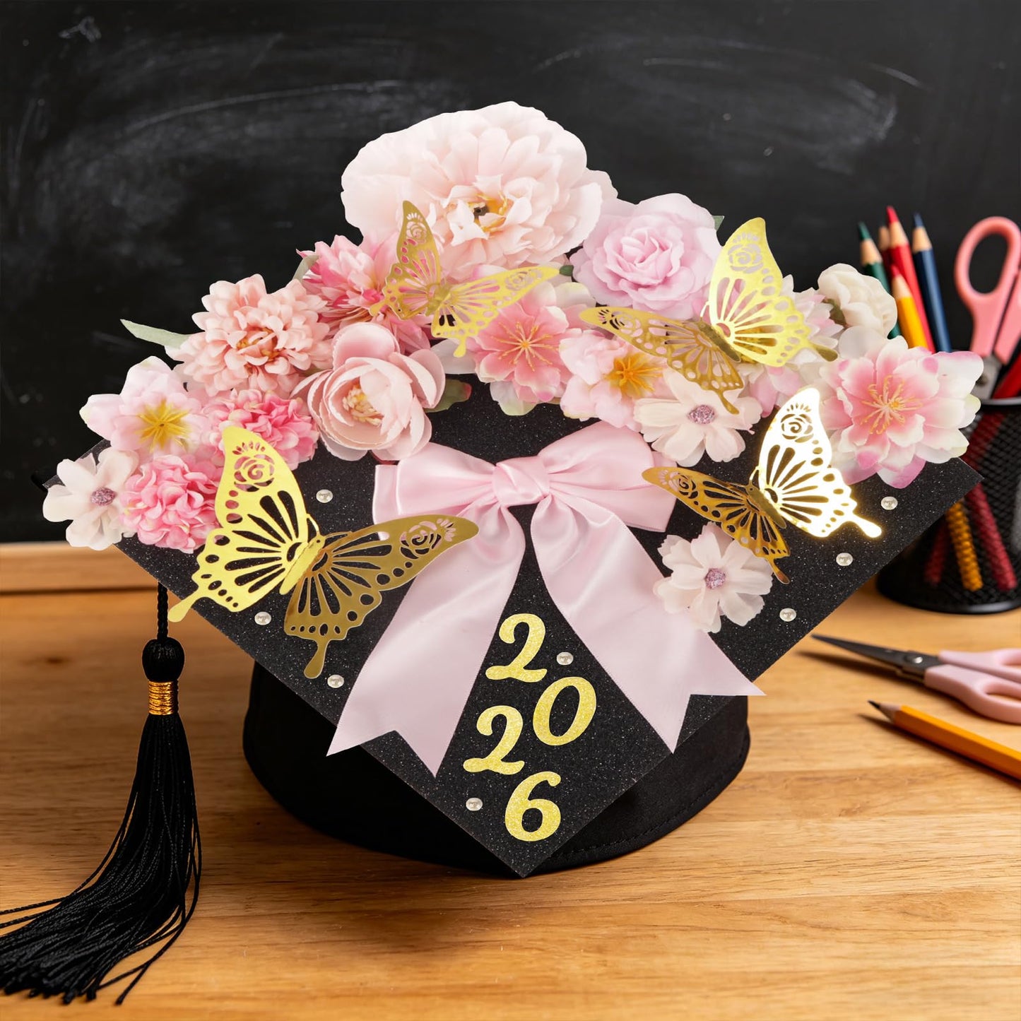 KOILLUXU DIY Graduation Cap Decoration Kit，Faux Flowers, 3D Butterflies, Pearls, Pink Bow, Grad Cap Topper, Letter Sheets & Adhesive Dots for Grad Party