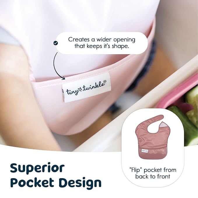 Tiny Twinkle Mess-Proof Baby Bibs for Eating | Waterproof, Wipeable Toddler Bibs with Catch-All Pocket | Feeding Bibs for Girls & Boys(3 Pack,Sage,Taupe, Dandelion)