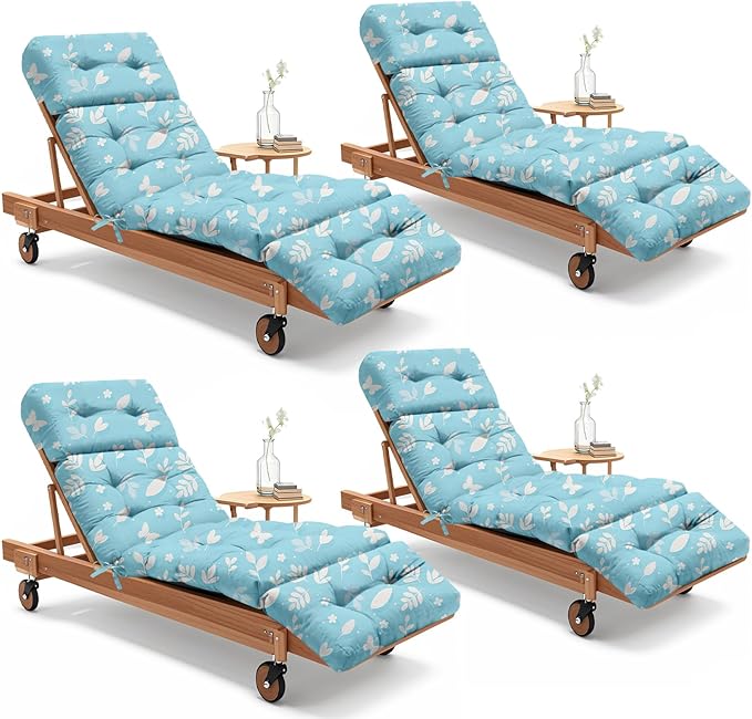 4 Pack Outdoor Chaise Lounge Chair Cushion 75.1 x 22.8 x 4.7 Inches 100% Waterproof Replacement Cotton Patio Pool Lounge Chair Cushion for Outdoor Furniture with Ties, Blue Butterfly