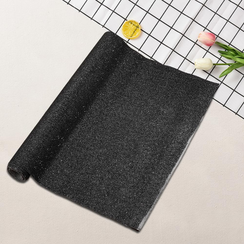 CALFOVERA 53.94×11.81 Inch Sparkle Glitter PU Leather Rolls Solid Fabric Sheets Shiny PU Leather Sheet Vinyl Material Leatherette Canvas for DIY Crafts Wedding Sewing Making Earrings (Black)