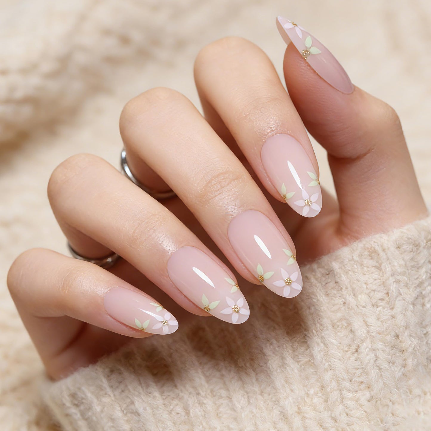 Goolich Baby Pink Press On Nails Medium Almond, Floral Print Nails Press ons Set with Adhesive Tabs, 24 Pcs 12 Size Reusable Full Cover Glue on Nails for Women