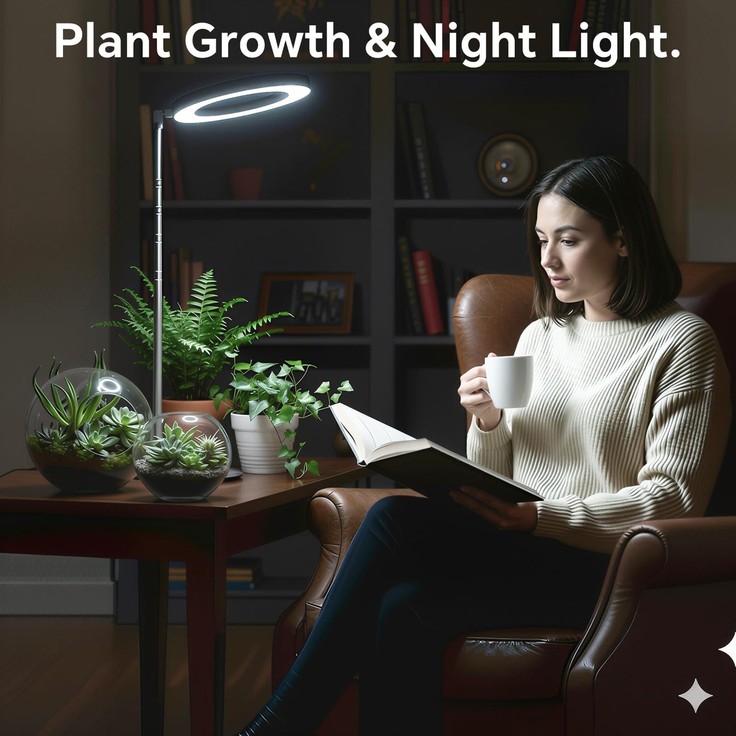 GTRUIIDY Desktop Grow Light, Height Adjustable Grow Lights for Indoor Plants Full Spectrum, 3 Lighting Mode, Halo Grow Light with Timer, Plant Lights for Indoor Growing (Black)