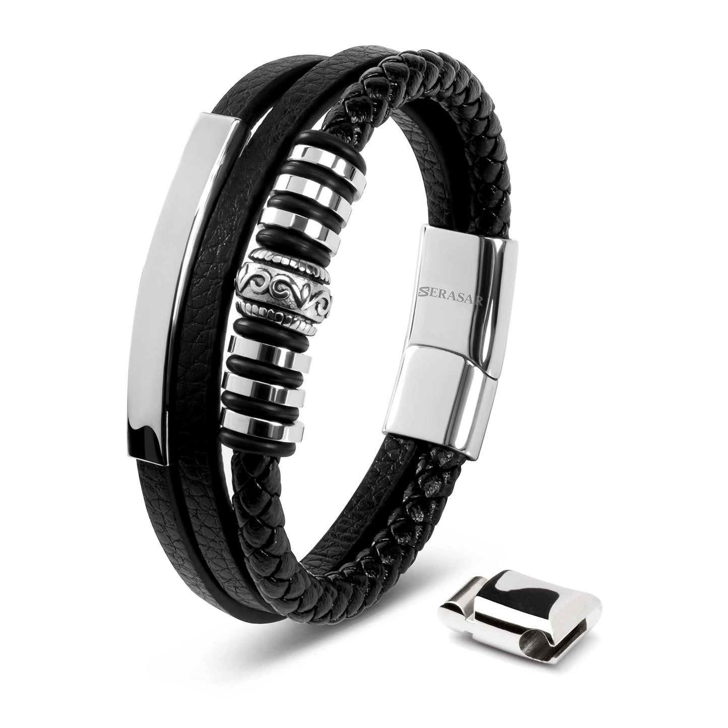 SERASAR Mens Silver Bracelets 17cm Bracelet Men Gift Box Genuine Leather Cowhide Braided Magnetic Clasp Multi Layer Wrap Rope Man Mans Male Band Jewelry Magnet Accessories