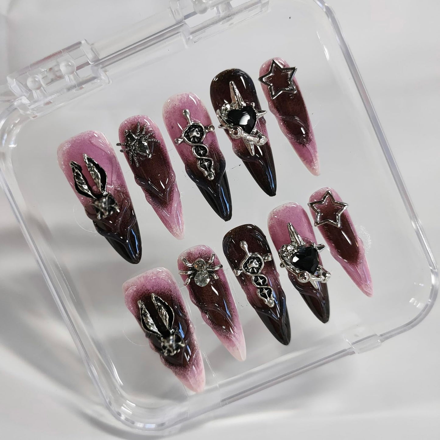 Halloween Handmade Press on Nails Long Almond 3D Nails Gothic Thick Acrylic Fake Nails Ombre False Nails with Rhinestones Spider Heart Designs Pink&Black Sturdy Nail Art Press on Nails 10Pcs(S)