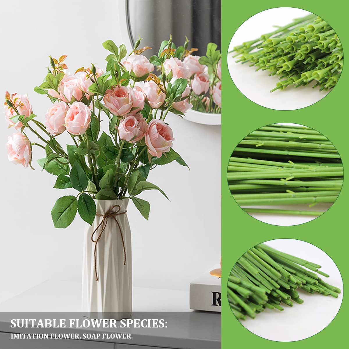 YOLUFER 100Pcs Floral Wire Stems Plastic Artificial Flower for Craft Floral Green Stem Wire DIY Craft Bouquet Making Floral Arrangement Tools