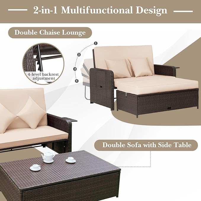HAPPYGRILL Patio Rattan Wicker Daybed with Loveseat & Storage Ottoman, Outdoor Lounge Sofa Furniture Set with Adjustable Backrest & Side Trays, for Poolside Deck Porch Lawn (Mix Brown & Beige)