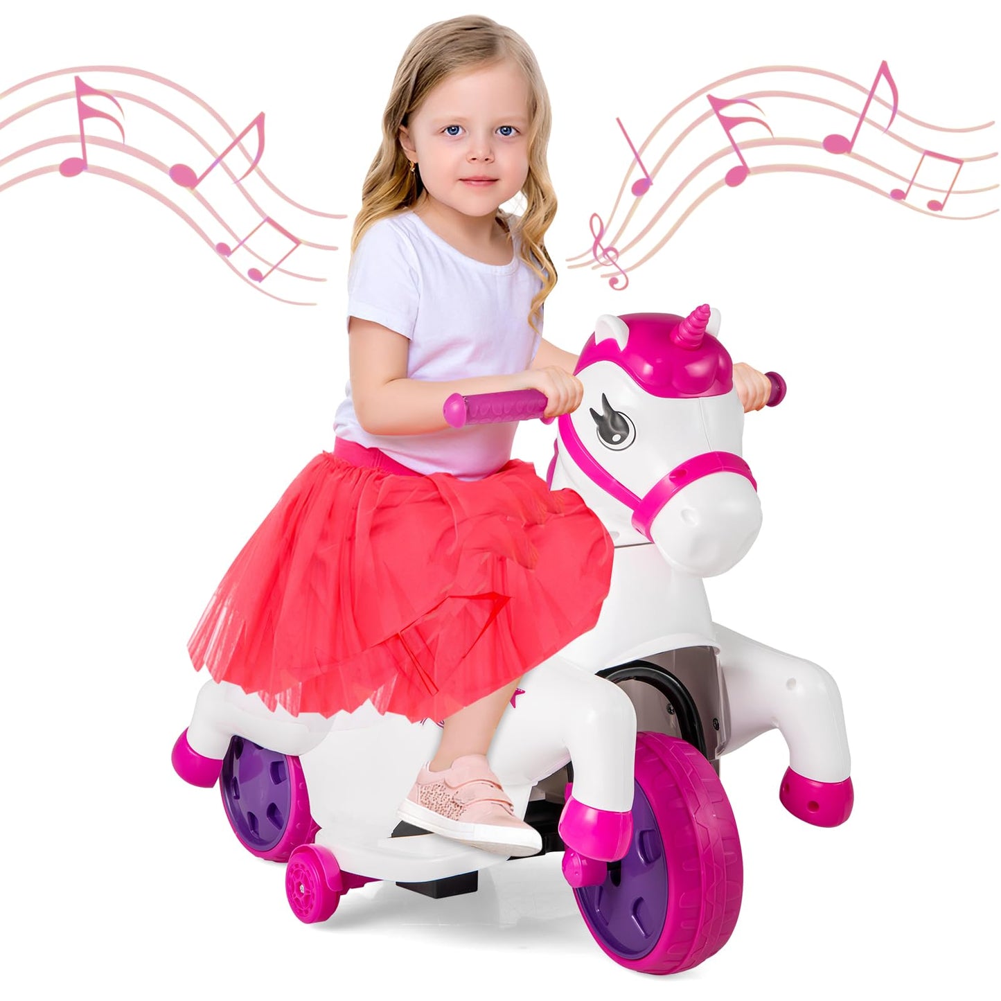 OLAKIDS 2 in 1 Ride on Motorcycle and Horse, Unicorn 6V Battery Powered Ride on Toy with Up & Down Function, MP3, Power Display, Training Wheels, Kids Electric Vehicle Aged 3-6 Years (Pink)