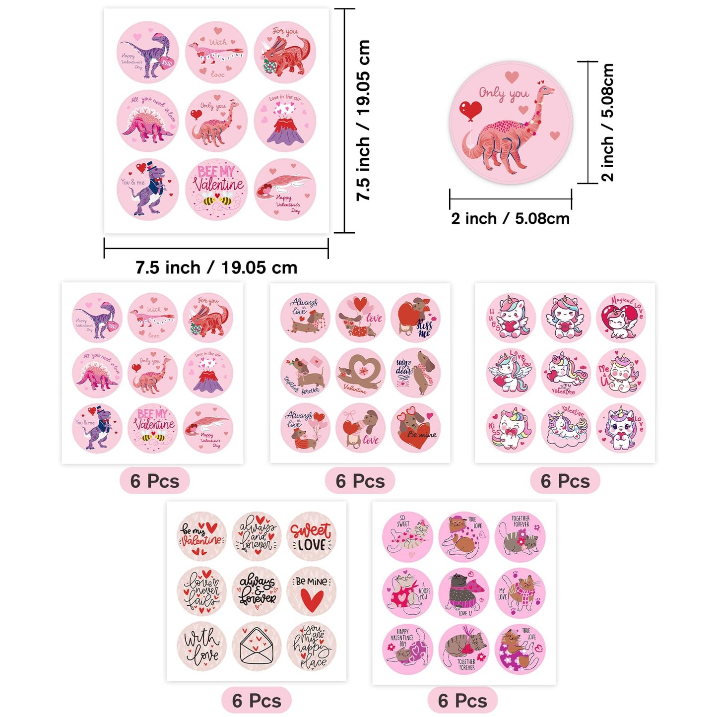 RUSPEPA 270 Pcs Valentine's Day Stickers, 1.5 Inch Round Love Labels with Cute Animals, Unicorns, Dinosaurs & Romantic Quotes, 5 Sets Adhesive Stickers for Gifts, Scrapbooking, Cards, Party Favors