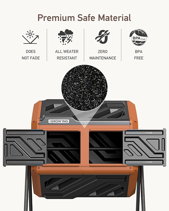 THEGROW'ING Updated 43 Gallon Compost Bin Outdoor, Fast Assemble Tumbling Composter, Dual Chamber Composter Tumbler, Rotating Compost Bin for Outside, Backyard, Garden and Yard, Orange