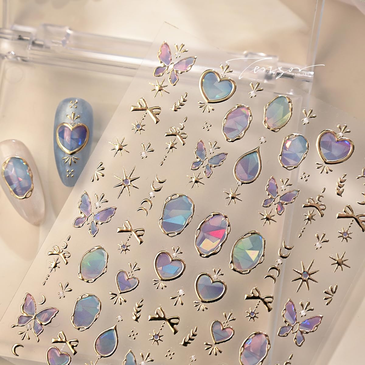 5D Embossed Gold Butterfly Heart Nail Stickers, Holographic Gem Nail Decals, Shiny Celestial Nail Art Supplies for Women Nails Decorations