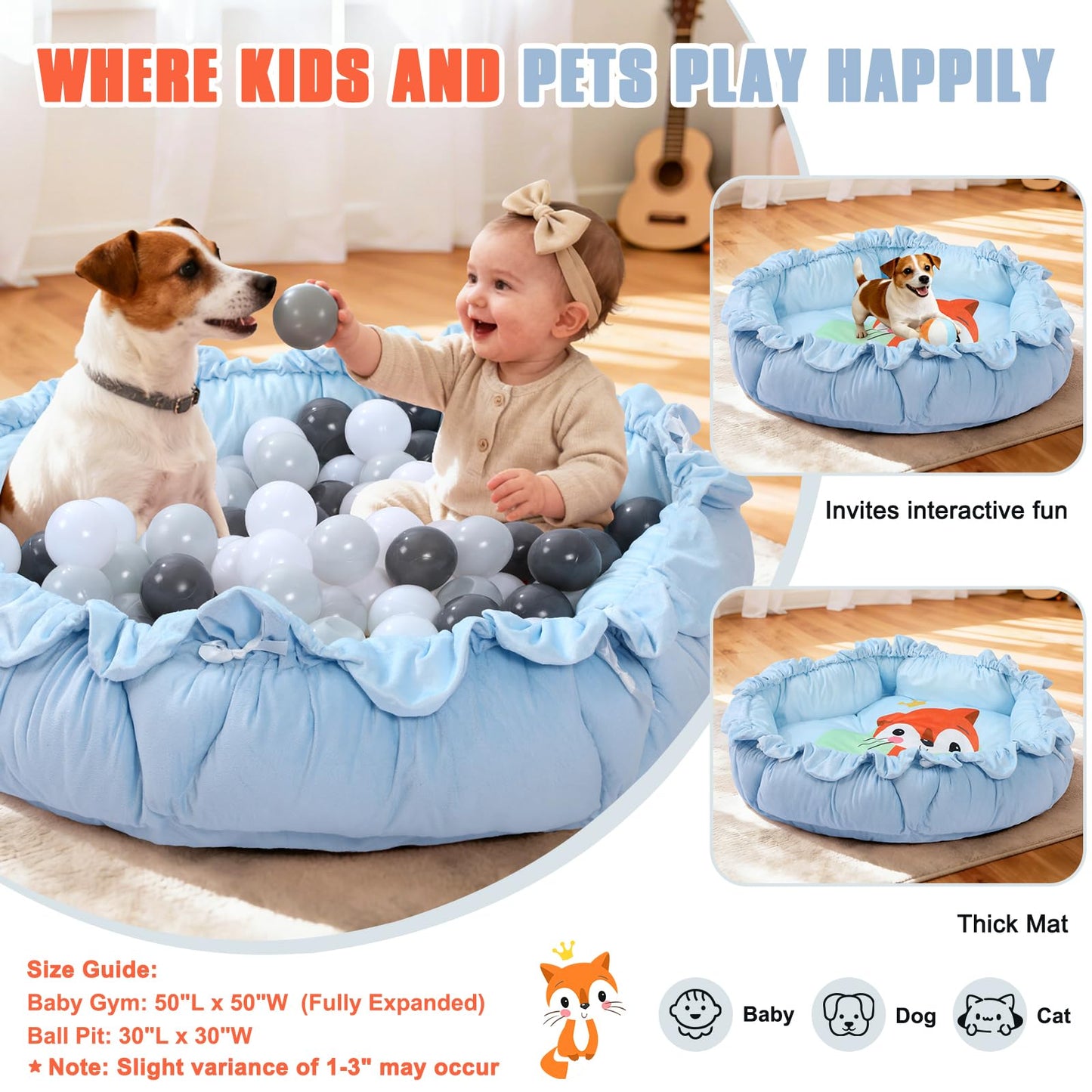 5-in-1 Baby Gym Play Mat with Cartoon Pattern, Extra Thick Plush Tummy Time Activity Gym with Hanging Toys, Sensory Development & Motor Skills Training Floor Mat, Fox