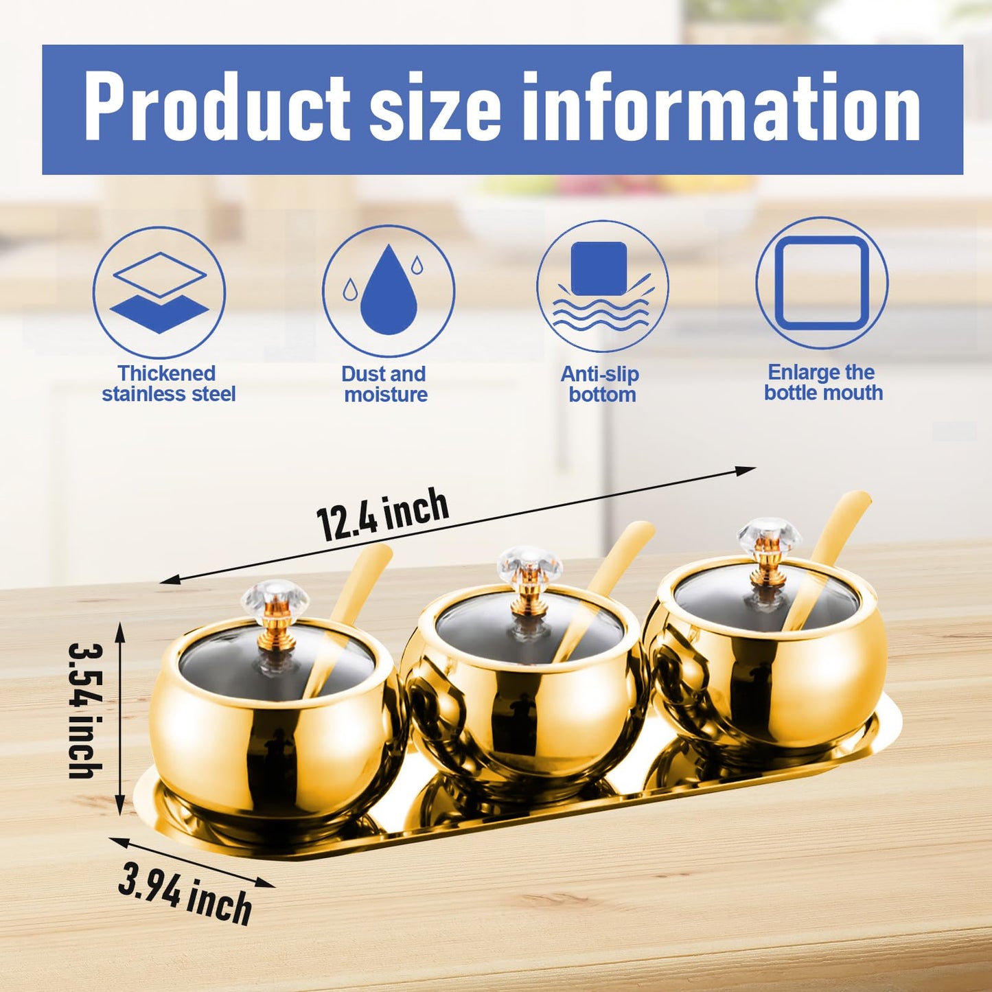 KEJJRIUTN 304 Stainless Steel Seasoning Containers Set, Condiment Jar Spice Container with Lid Spoon and Tray