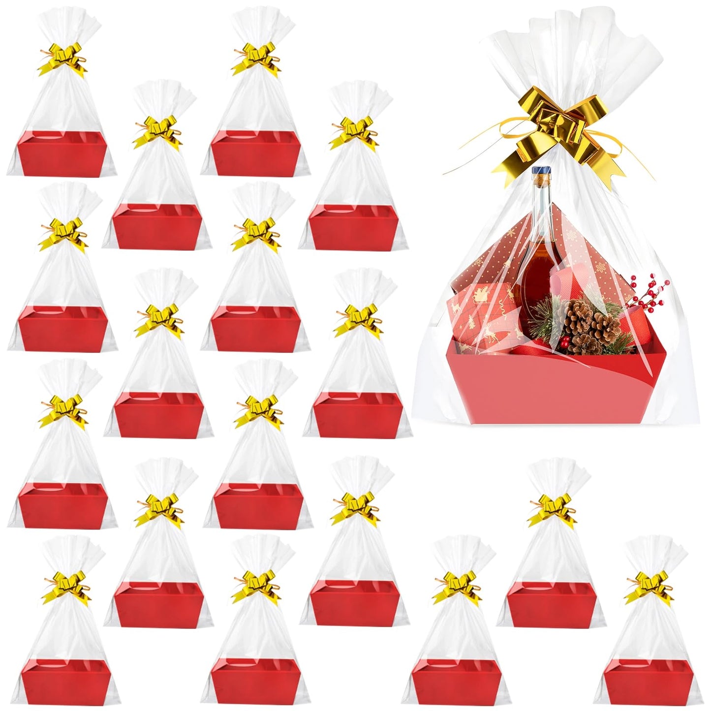 Fainne 54 Pcs Basket for Gifts Kit Include 18 DIY Empty Gift Basket Bulk, 9.8 x 8.5 x 3.5 Inches Food Storage with Handles, 18 Plastic Bags and 18 Bows for Christmas Party Gift Wrapping(Red)