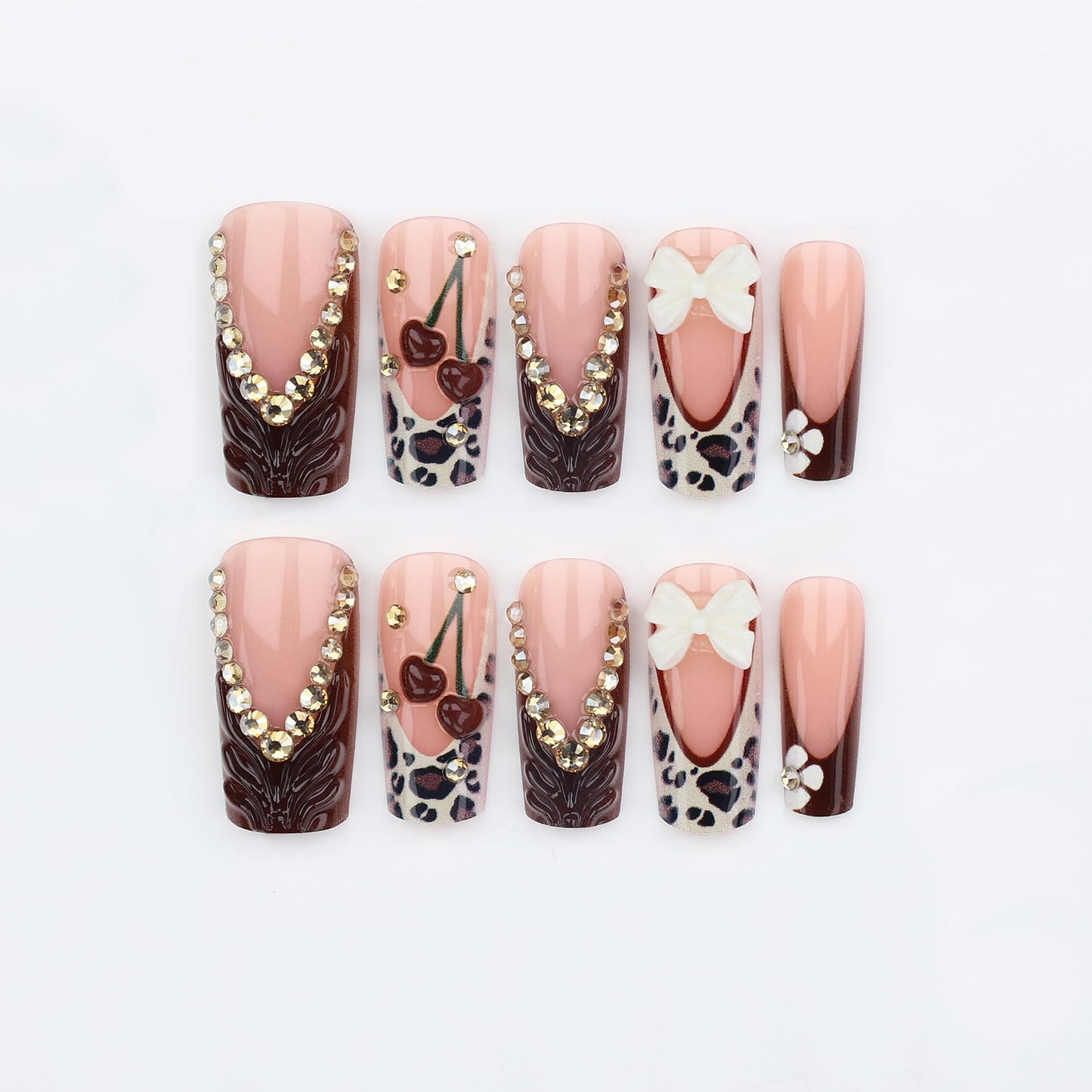 Long Press on Nails Square Fake Nails Brown Artificial Nail White Bow and Red Cherry Designs Rhinestones Stick on Nail for Women 24pcs