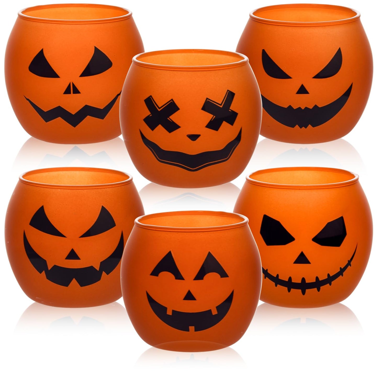 Galssmagic Halloween Table Decor Candle Holder Set of 6,Orange Pumpink Grimace Glass Votive Candle Holders Indoor Outdoor Halloween Decor