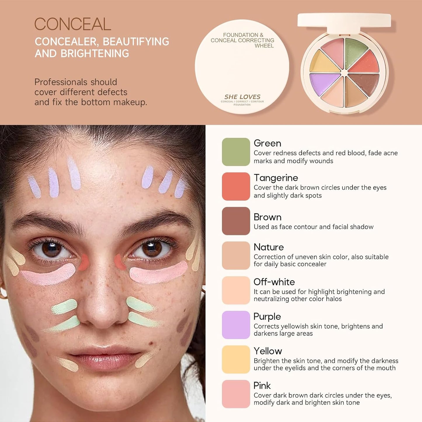 Foundation Concealer Palette with Makeup Sponges & Applicator, 11 Pcs Foundation Powder Concealers Eye shadows Blush Makeup Brushes, 2 in 1 Compact Contouring Duo Layer Plate, Pearl White