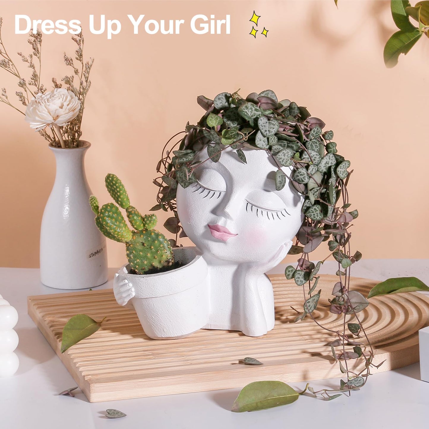 vomiceak Face Planter Pots Head, Planters for Indoor Plants - Double Cute Plant Pots for Flower & Succulent with Drainage Holes - Gift Ideas for Women (White Lady)