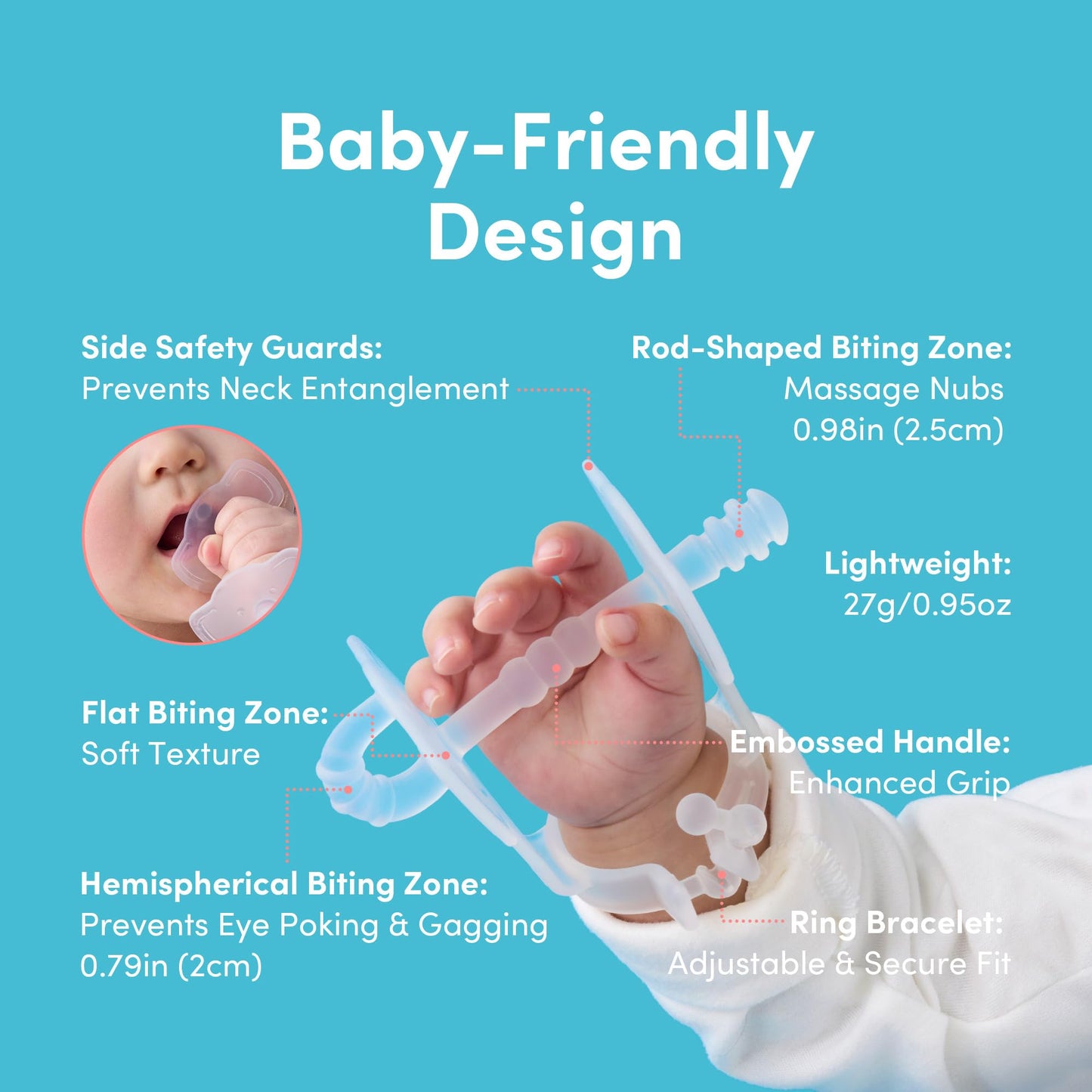 MEDITOY Premium Baby Hand Teether – Soft & Hygienic Soothing Aid for Teething Discomfort in Babies 3-12 Months, BPA-Free LSR Silicone, Adjustable Wristband, Easy to Clean, Made in Korea