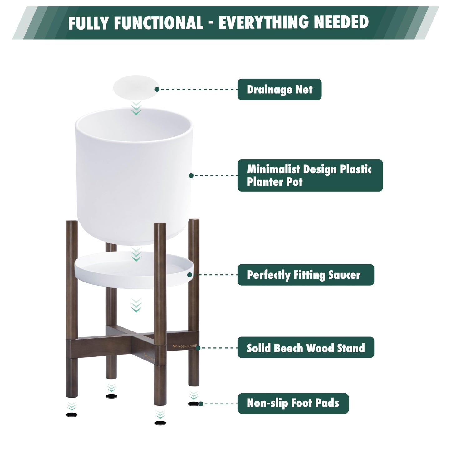 D'vine Dev Planter Pot with Stand - 8 Inch Plastic Cylinder Flower Pot with Wood Planter Holder for Indoor, Matte White Pot + Walnut Color Stand, 55-C-I-1