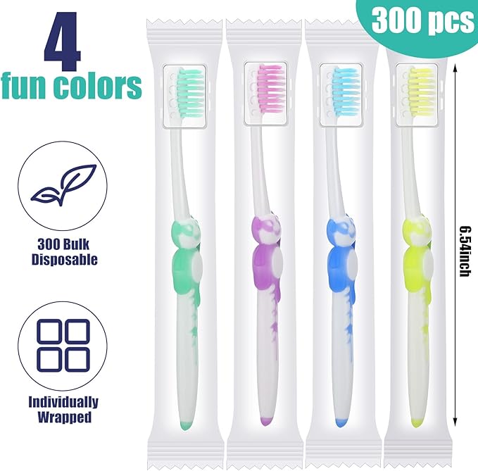 Bokon 300 Pcs Toothbrush for Kids Individually Wrapped Children Soft Disposable Manual Toothbrush Bulk Panda Travel with Bristle Rubber Handle for School Daycare Oral Hygiene