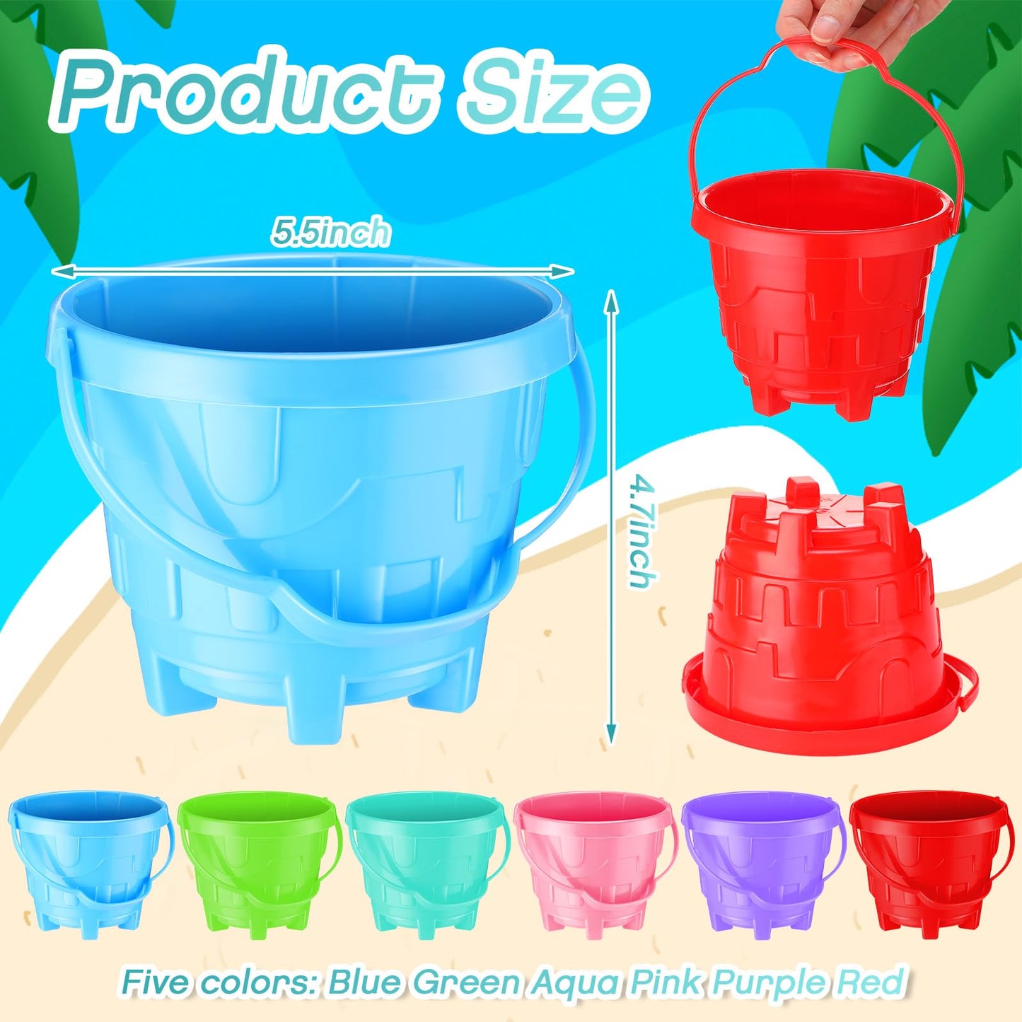 Didaey 30 Set Beach Sand Buckets and Shovels, Include Sand Pail Bucket 6 Colors with Castle Design Inside and Shovels for Boys Girls Summer Party (5.5 x 4.7 Inch)