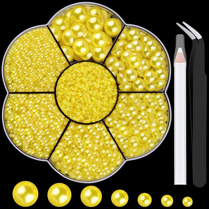 Nail Art Flat Back Half Round Pearl Kits 21, 1 Box of 6000 Pcs Flat-Back Lemon Yellow Pearl with Tweezer and Picker Pencil for Home DIY Nails Body Face Craft and Salon Use